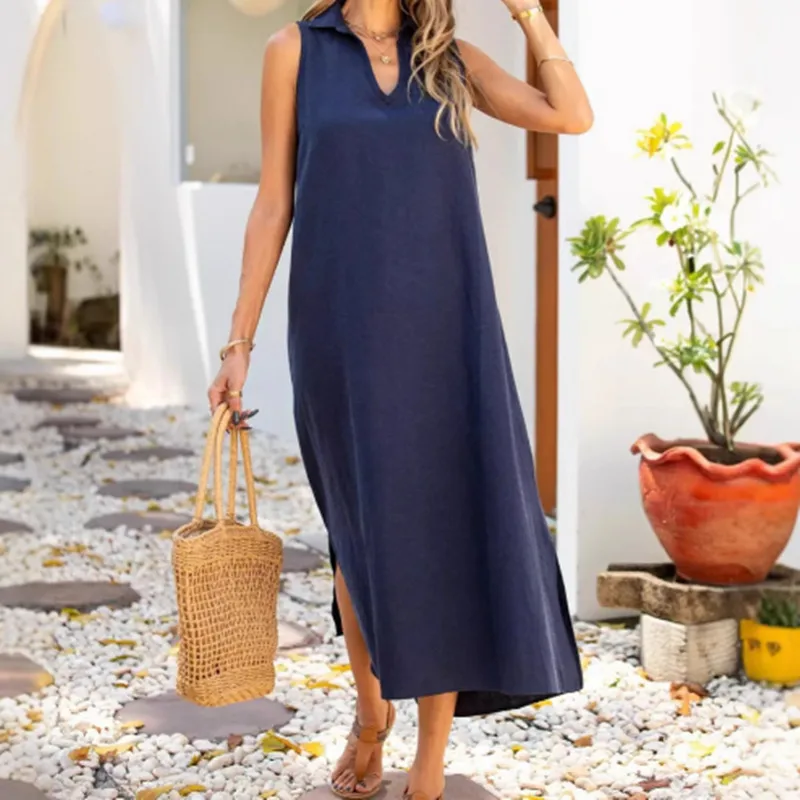 Casual V-neck Sleeveless Women's Dress Spring And Summer New Loose Waist And Ankle Solid Color  Style display picture 3