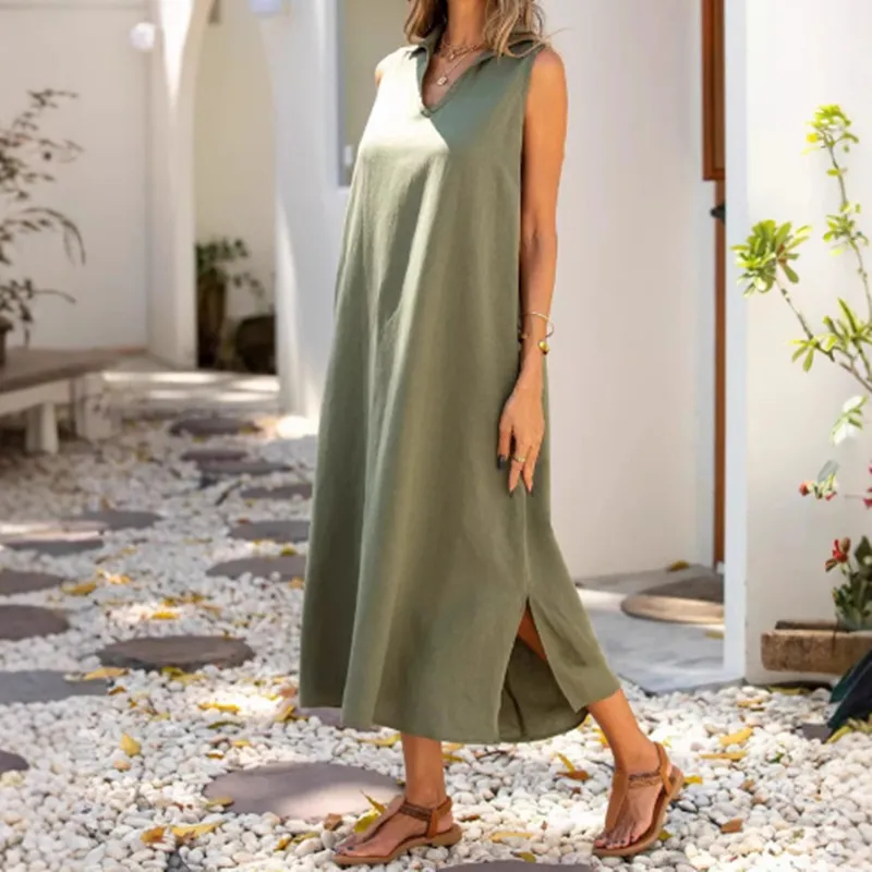 Casual V-neck Sleeveless Women's Dress Spring And Summer New Loose Waist And Ankle Solid Color  Style display picture 2