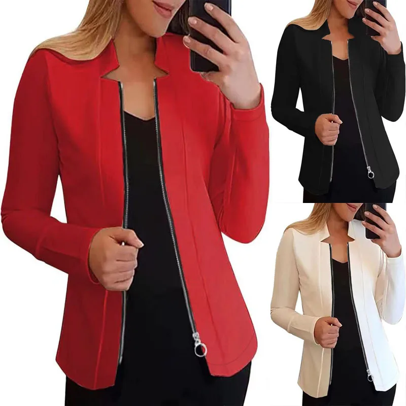 Casual Loose Design Solid Color Long-Sleeve Zipper Fall/Winter Jacket Women's Business Outfit Top Four-Way Stretch Fabric Polyester Nylon display picture 5