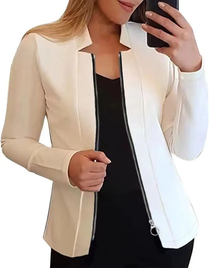 Casual Loose Design Solid Color Long-Sleeve Zipper Fall/Winter Jacket Women's Business Outfit Top Four-Way Stretch Fabric Polyester Nylon display picture 6