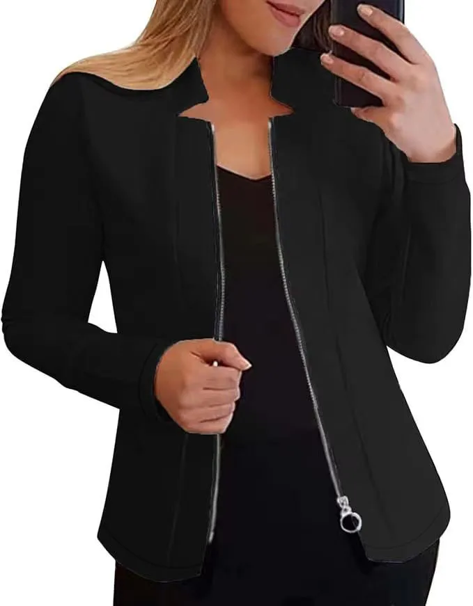 Casual Loose Design Solid Color Long-Sleeve Zipper Fall/Winter Jacket Women's Business Outfit Top Four-Way Stretch Fabric Polyester Nylon display picture 7