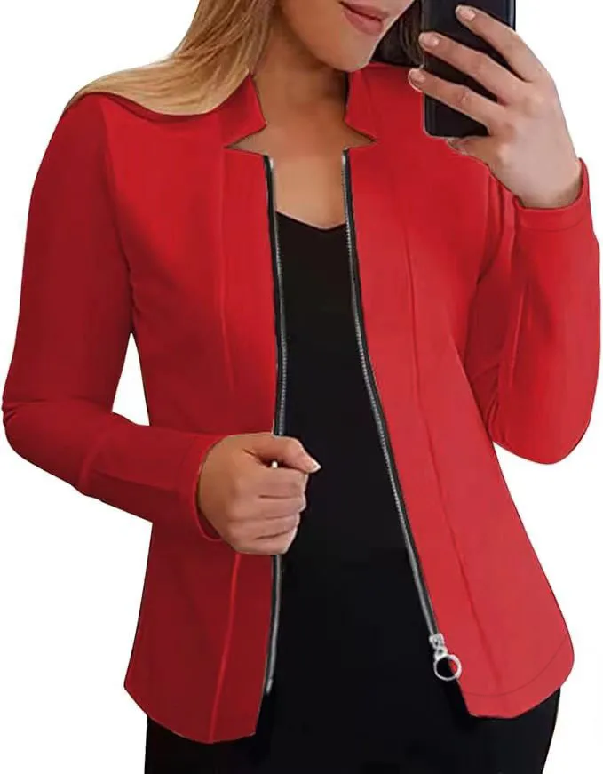 Casual Loose Design Solid Color Long-Sleeve Zipper Fall/Winter Jacket Women's Business Outfit Top Four-Way Stretch Fabric Polyester Nylon display picture 8