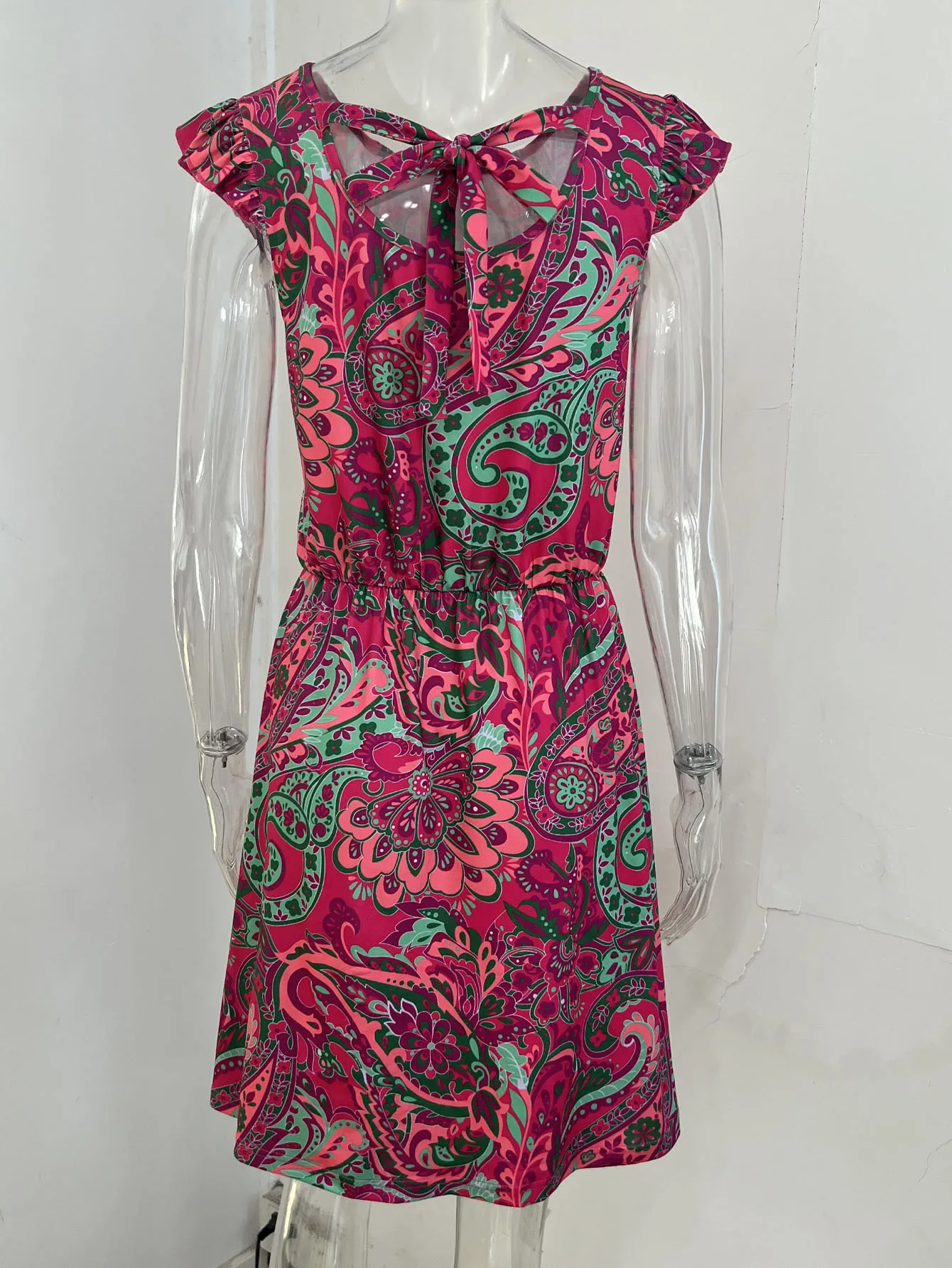Fashion Summer Floral Print Dress Ruffle Sleeve Knot Waist Skirt A- Line Mid-Length Dress Dress Round Neck Sleeveless Elastic Waist display picture 2