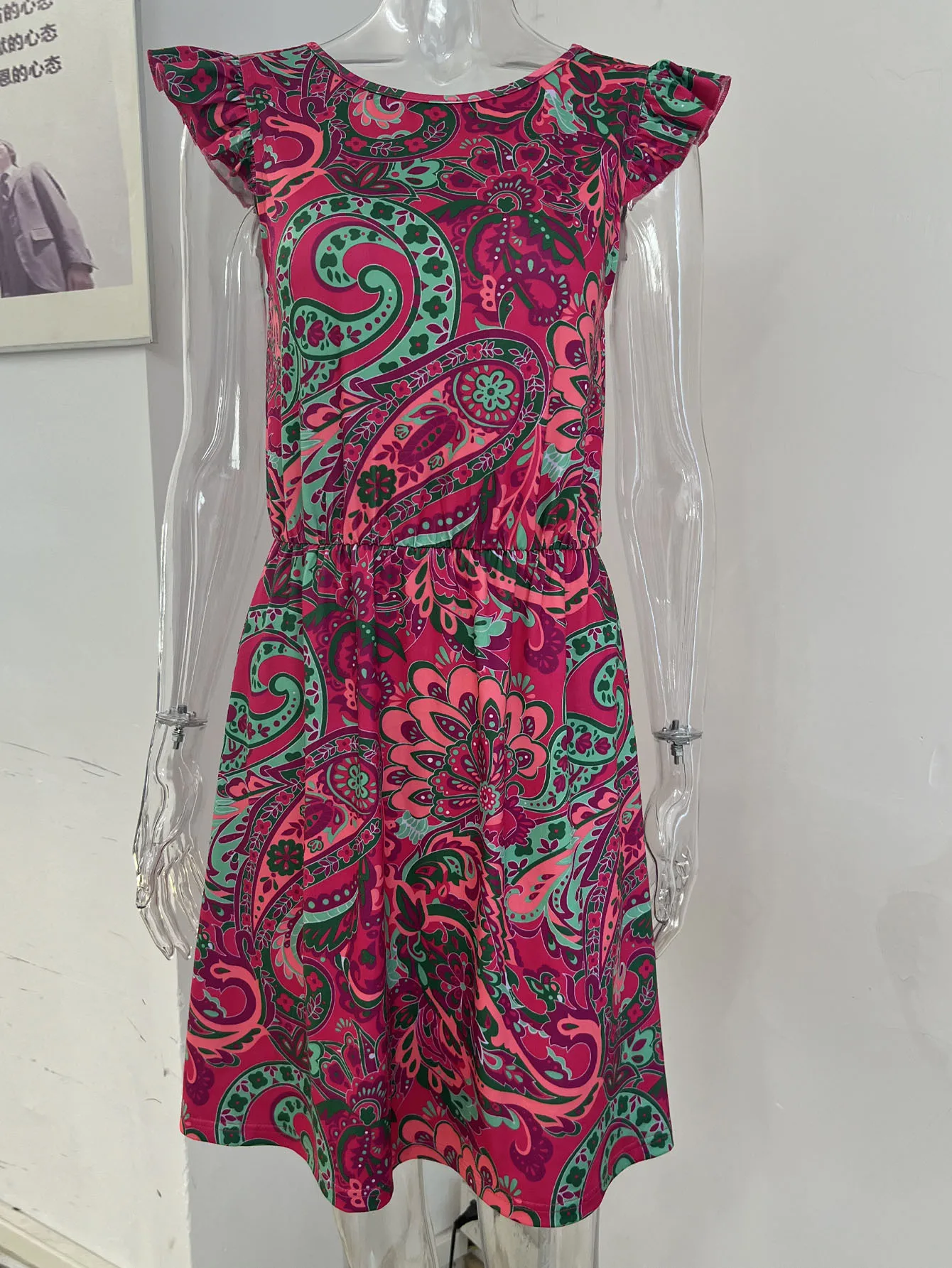 Fashion Summer Floral Print Dress Ruffle Sleeve Knot Waist Skirt A- Line Mid-Length Dress Dress Round Neck Sleeveless Elastic Waist display picture 3
