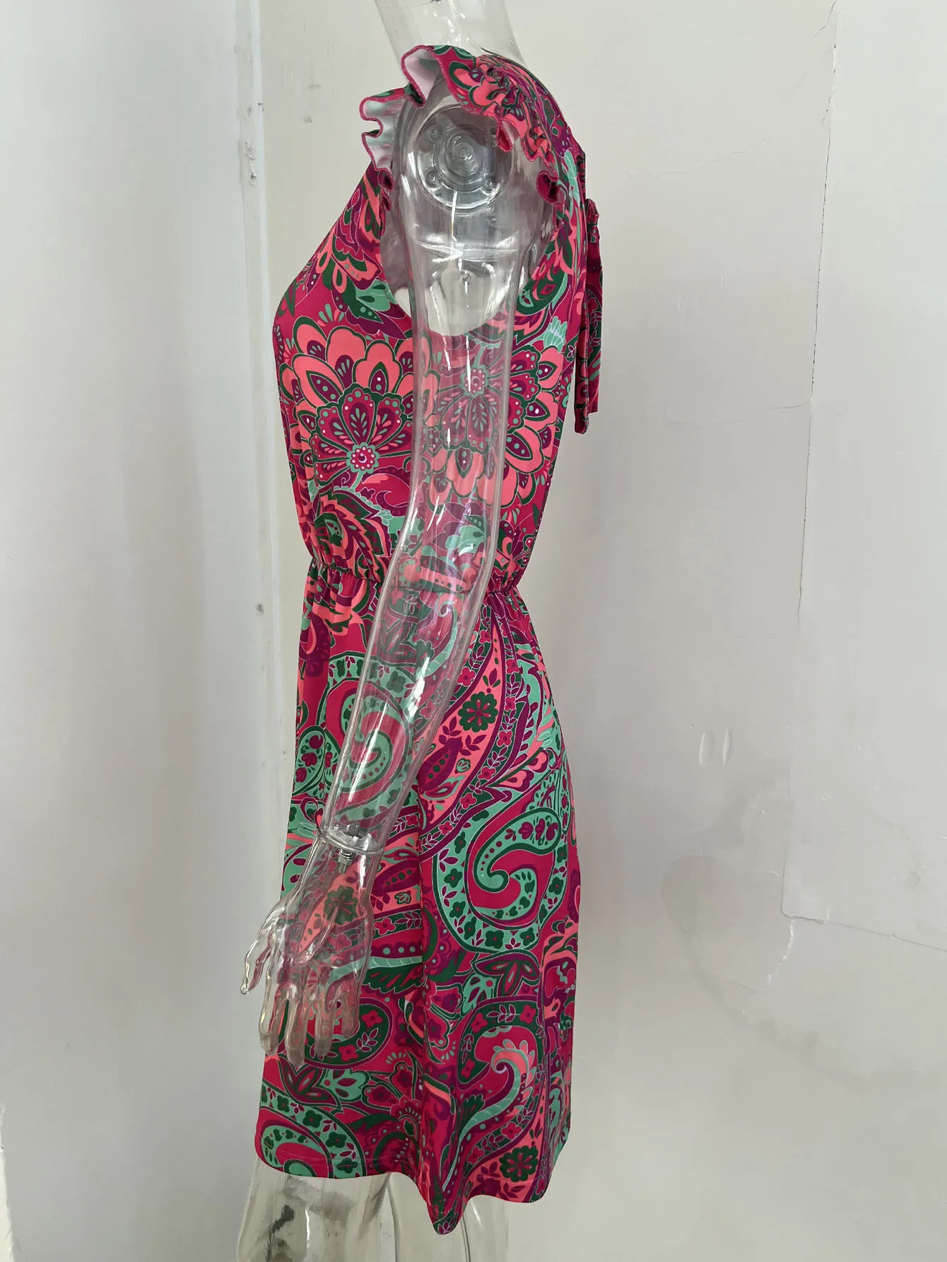 Fashion Summer Floral Print Dress Ruffle Sleeve Knot Waist Skirt A- Line Mid-Length Dress Dress Round Neck Sleeveless Elastic Waist display picture 4