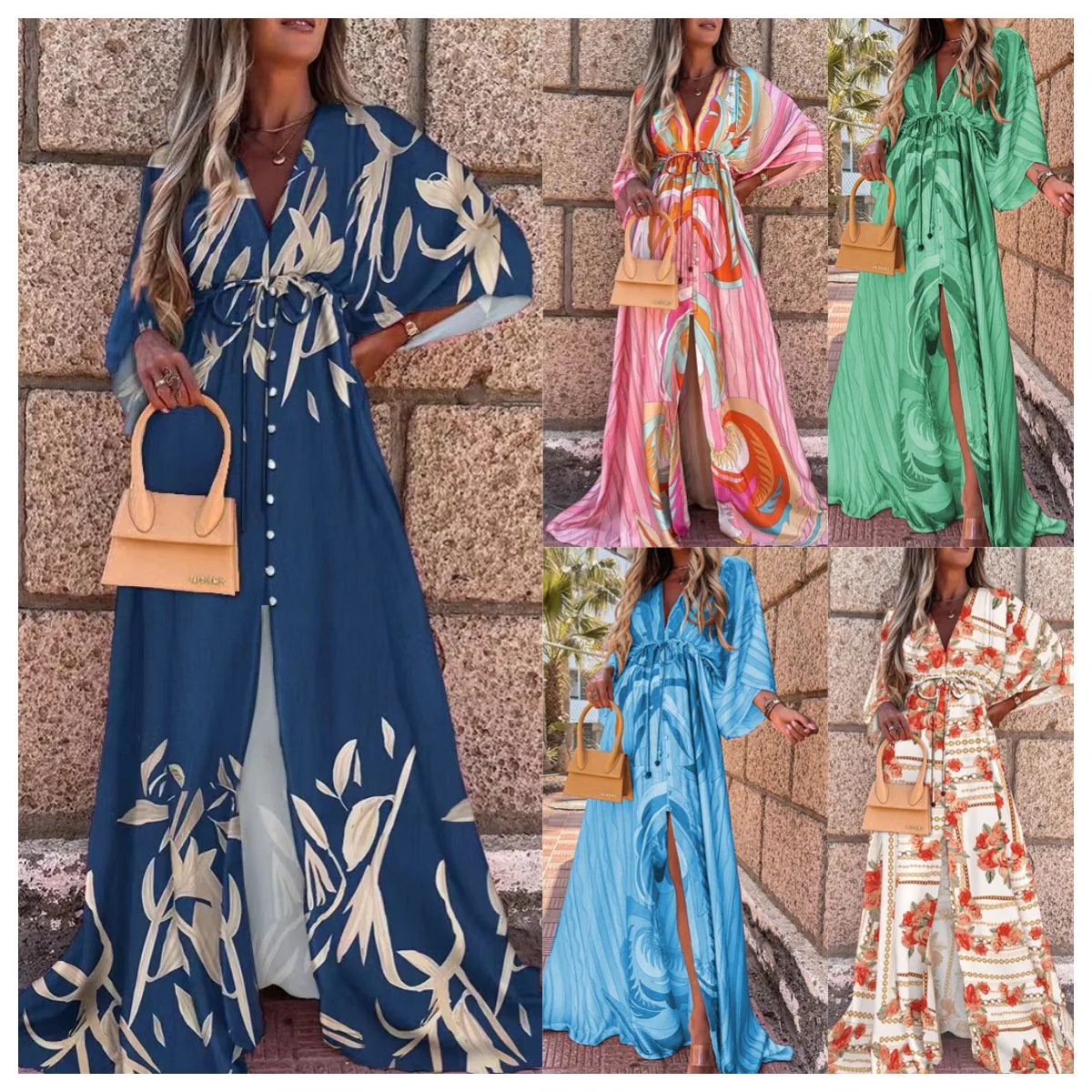 Spring And Summer Sexy V-neck Belt Single Button Beach Dress Women's Fashion Floral Print Casual High Waist Maxi Dress display picture 2