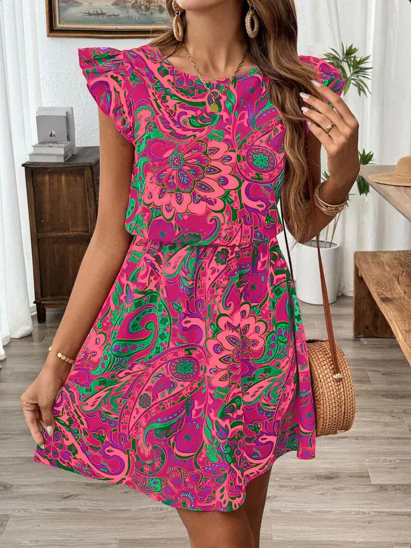 Fashion Summer Floral Print Dress Ruffle Sleeve Knot Waist Skirt A- Line Mid-Length Dress Dress Round Neck Sleeveless Elastic Waist display picture 7