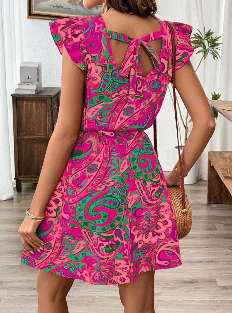 Fashion Summer Floral Print Dress Ruffle Sleeve Knot Waist Skirt A- Line Mid-Length Dress Dress Round Neck Sleeveless Elastic Waist display picture 8