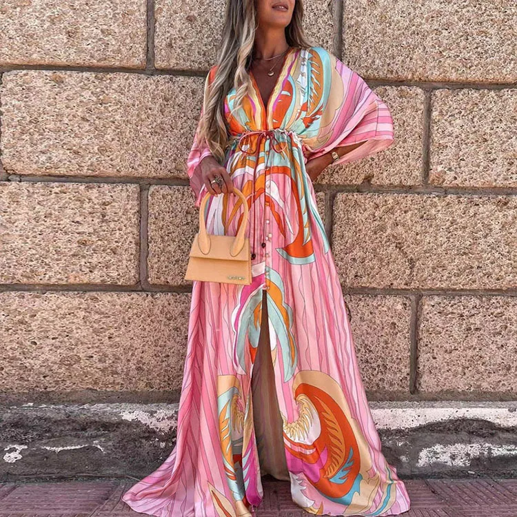 Spring And Summer Sexy V-neck Belt Single Button Beach Dress Women's Fashion Floral Print Casual High Waist Maxi Dress display picture 3