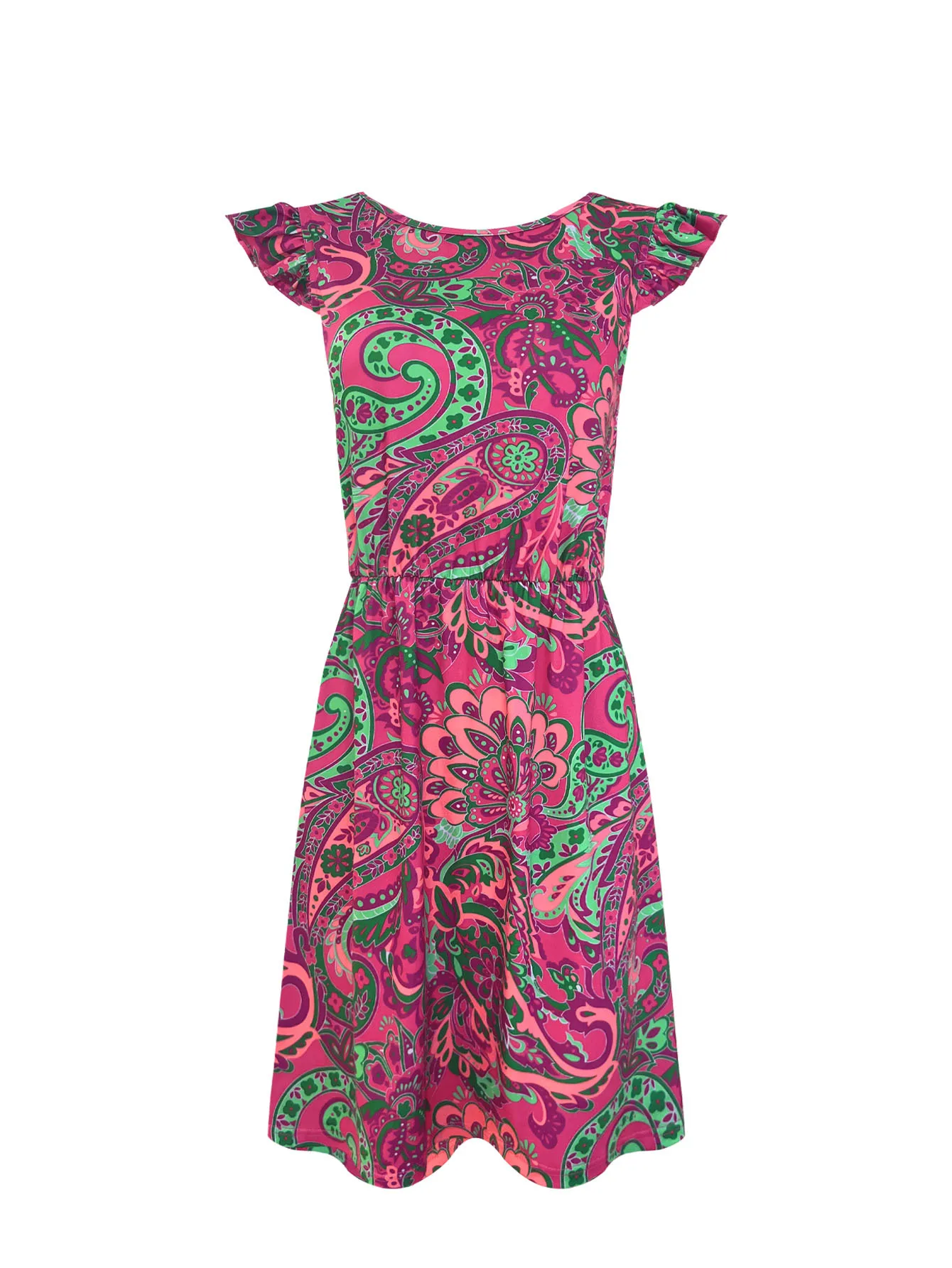 Fashion Summer Floral Print Dress Ruffle Sleeve Knot Waist Skirt A- Line Mid-Length Dress Dress Round Neck Sleeveless Elastic Waist display picture 12