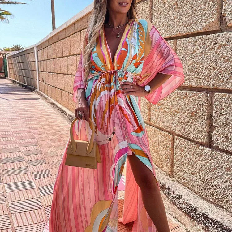 Spring And Summer Sexy V-neck Belt Single Button Beach Dress Women's Fashion Floral Print Casual High Waist Maxi Dress display picture 4