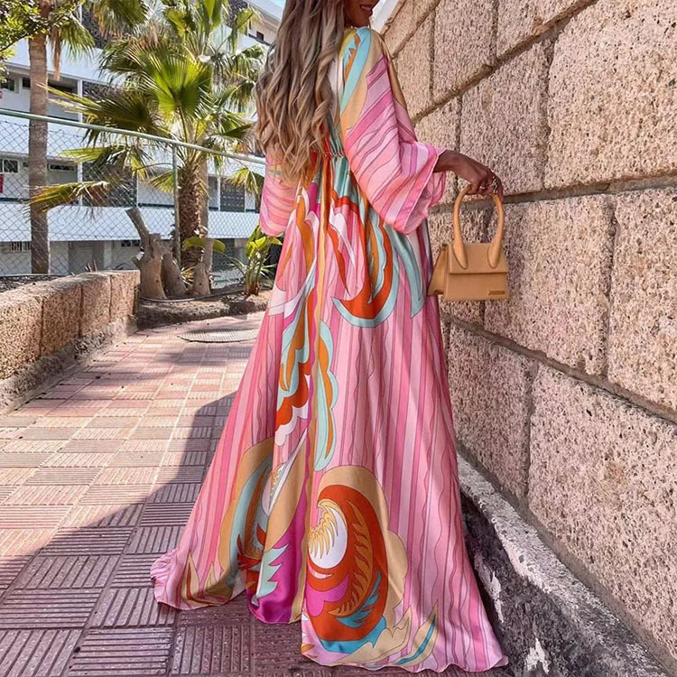 Spring And Summer Sexy V-neck Belt Single Button Beach Dress Women's Fashion Floral Print Casual High Waist Maxi Dress display picture 5