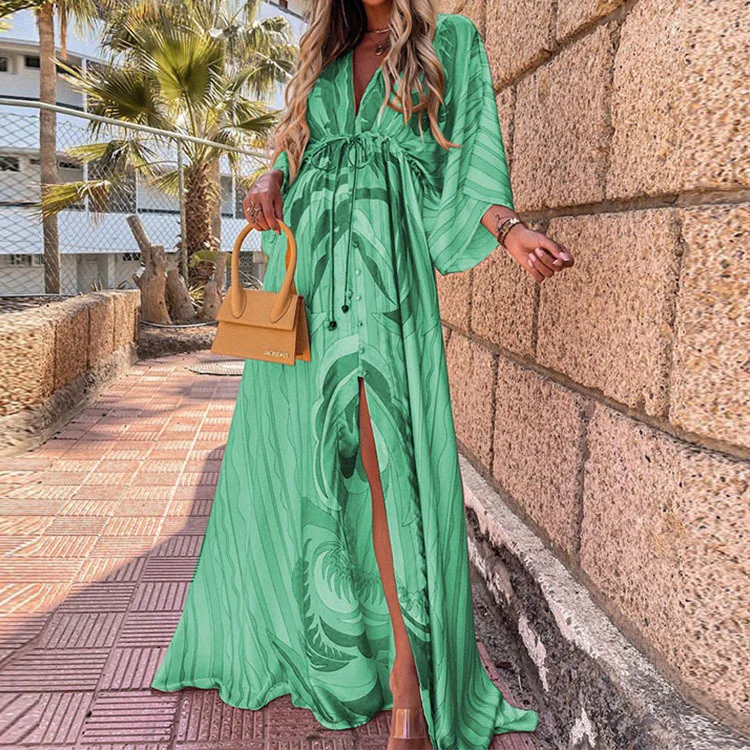 Spring And Summer Sexy V-neck Belt Single Button Beach Dress Women's Fashion Floral Print Casual High Waist Maxi Dress display picture 7