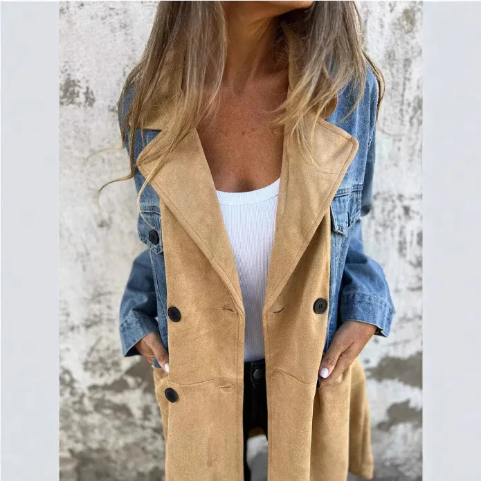 Autumn And Winter New Women's Elegant Commuter Long Sleeve Denim Jacket Suit Collar Stitching Mid-Length Casual Loose Design display picture 4