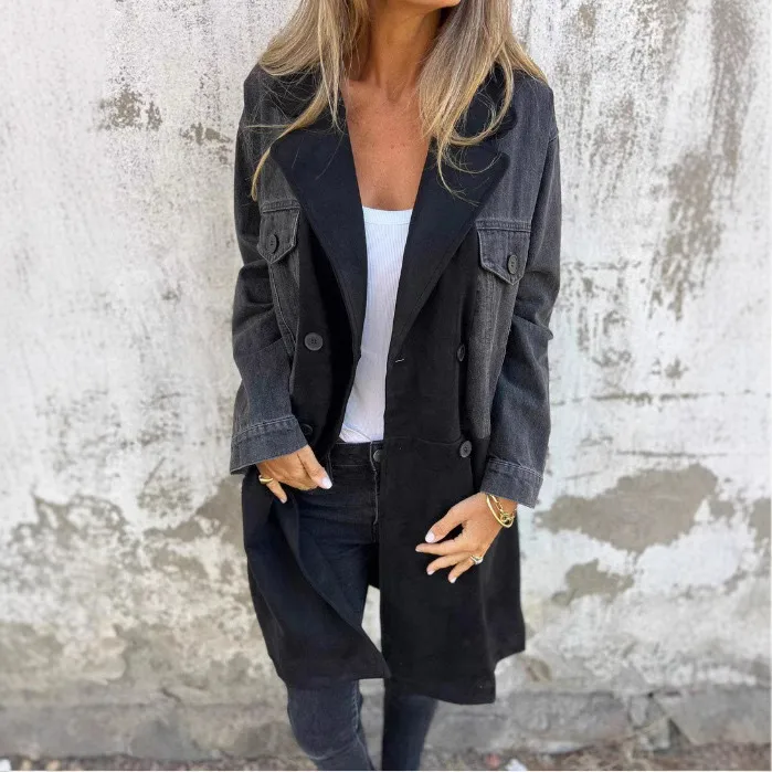 Autumn And Winter New Women's Elegant Commuter Long Sleeve Denim Jacket Suit Collar Stitching Mid-Length Casual Loose Design display picture 2