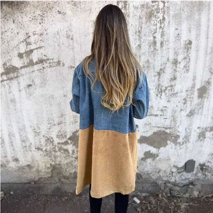 Autumn And Winter New Women's Elegant Commuter Long Sleeve Denim Jacket Suit Collar Stitching Mid-Length Casual Loose Design display picture 3