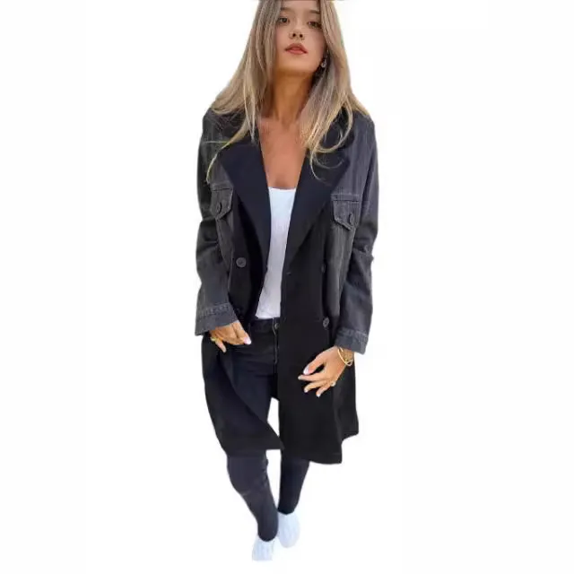 Autumn And Winter New Women's Elegant Commuter Long Sleeve Denim Jacket Suit Collar Stitching Mid-Length Casual Loose Design display picture 1