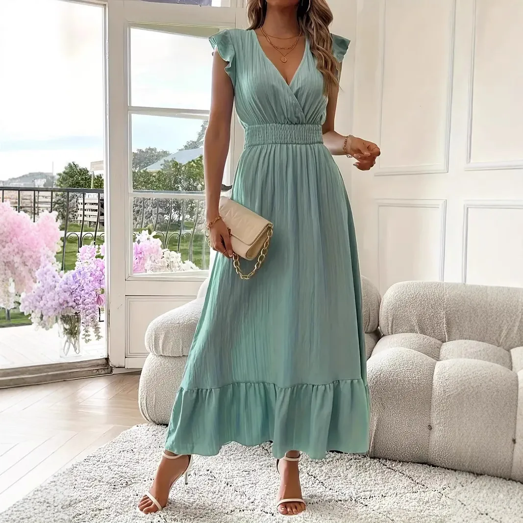 Elegant Long Summer Dress European Style Short Sleeve Women's Fashion  V-neck Ankle Length Commuter Style Design display picture 4