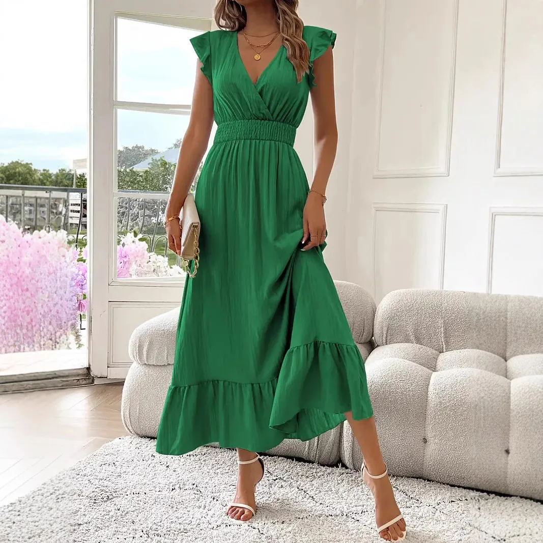 Elegant Long Summer Dress European Style Short Sleeve Women's Fashion  V-neck Ankle Length Commuter Style Design display picture 3