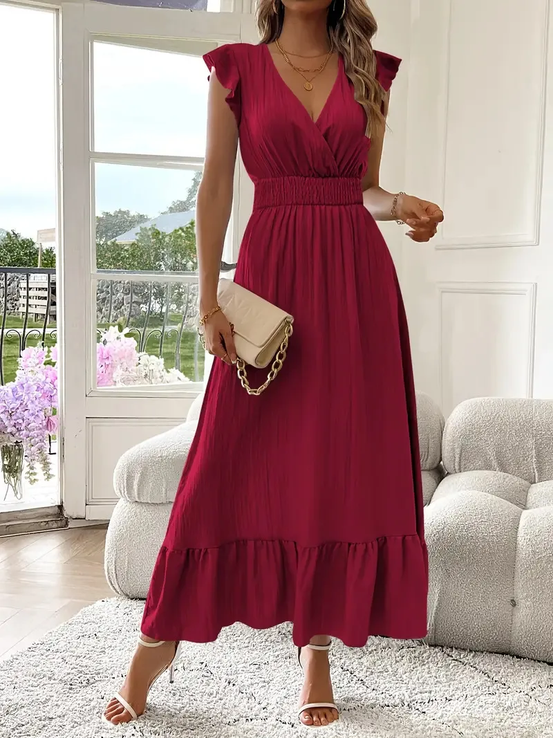 Elegant Long Summer Dress European Style Short Sleeve Women's Fashion  V-neck Ankle Length Commuter Style Design display picture 2