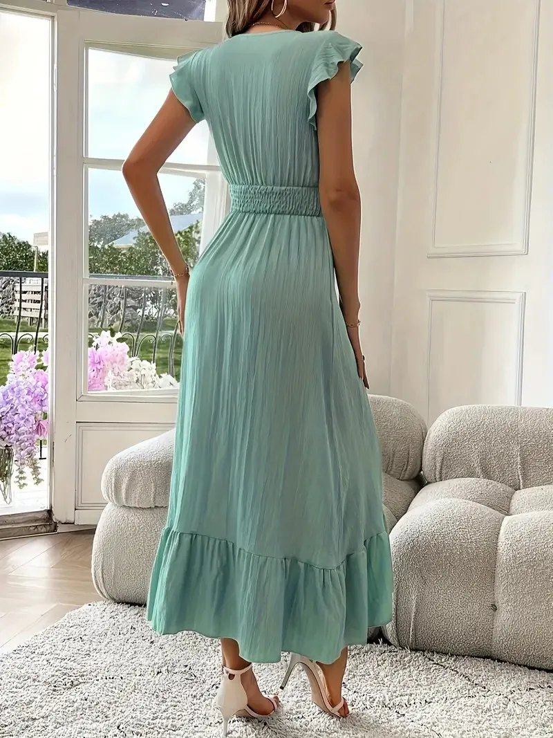 Elegant Long Summer Dress European Style Short Sleeve Women's Fashion  V-neck Ankle Length Commuter Style Design display picture 7
