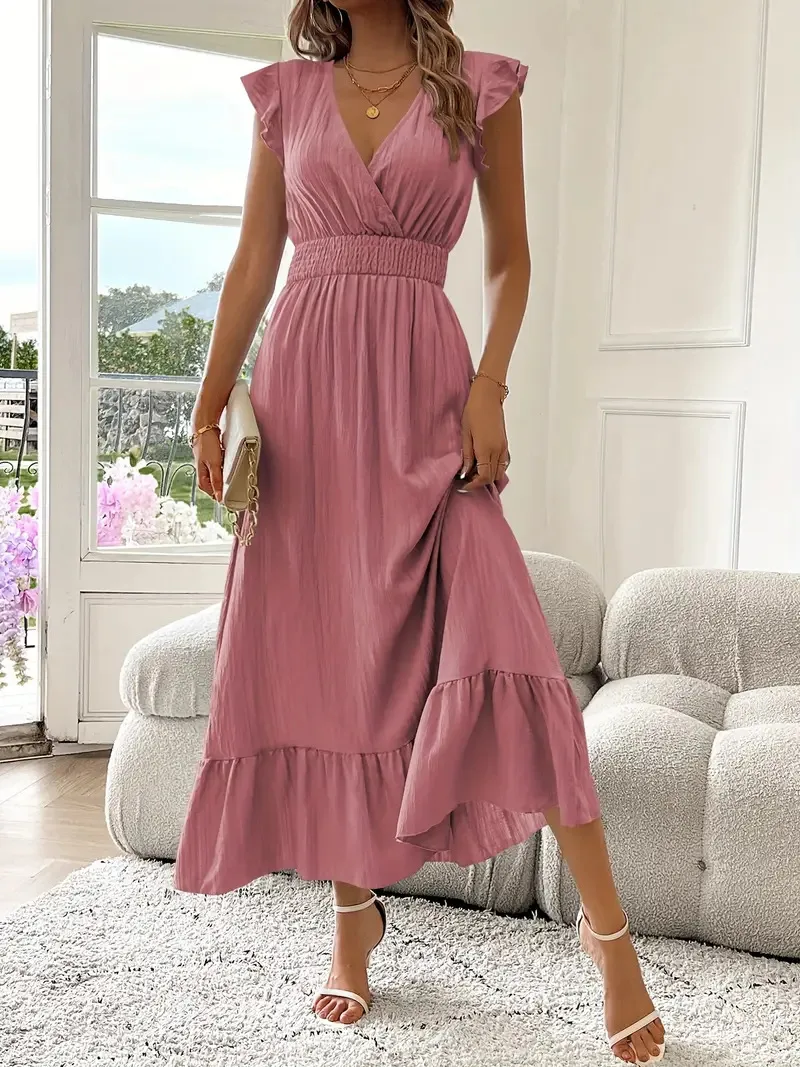 Elegant Long Summer Dress European Style Short Sleeve Women's Fashion  V-neck Ankle Length Commuter Style Design display picture 11