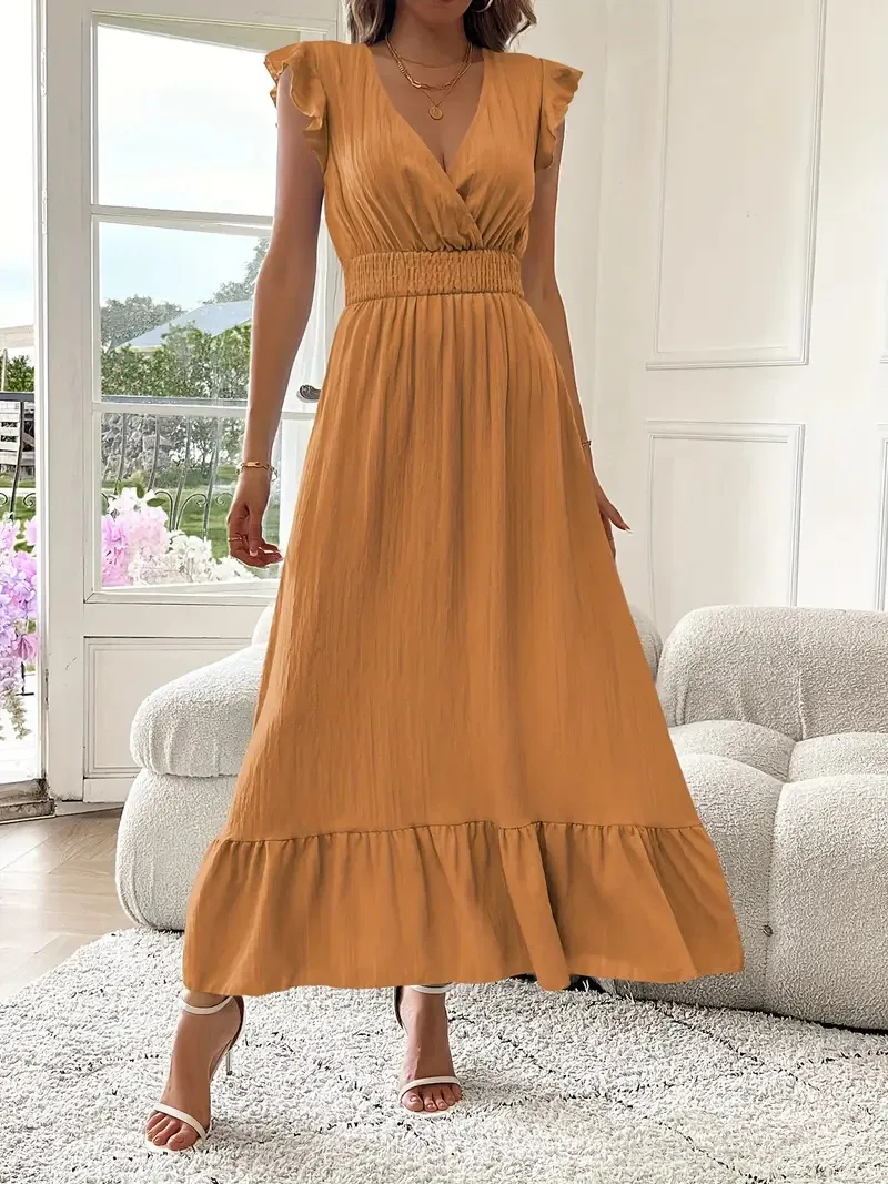 Elegant Long Summer Dress European Style Short Sleeve Women's Fashion  V-neck Ankle Length Commuter Style Design display picture 13