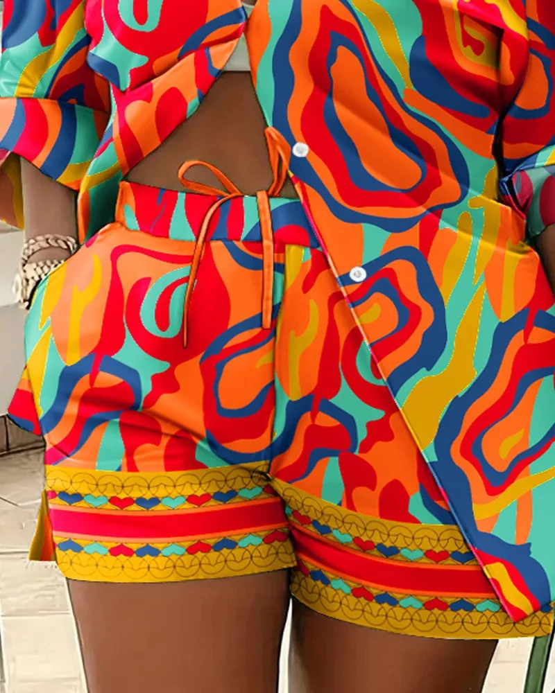 Elegant Commuter Long Sleeve Printed Shorts Two-Piece Set Women's Fashion Casual Set Polyester Fabric Other Features display picture 3