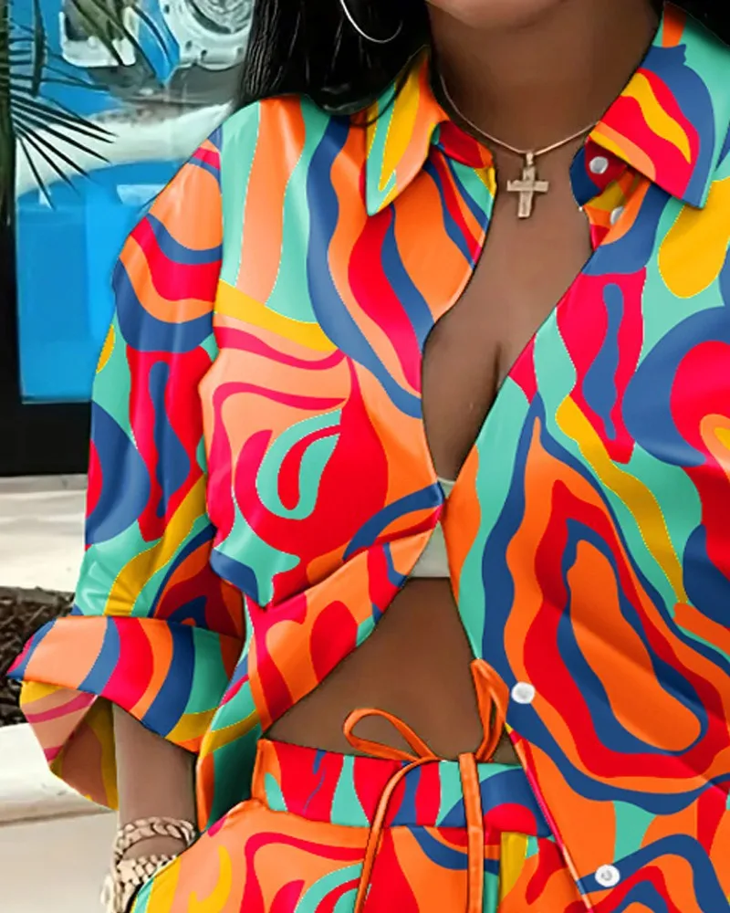 Elegant Commuter Long Sleeve Printed Shorts Two-Piece Set Women's Fashion Casual Set Polyester Fabric Other Features display picture 4