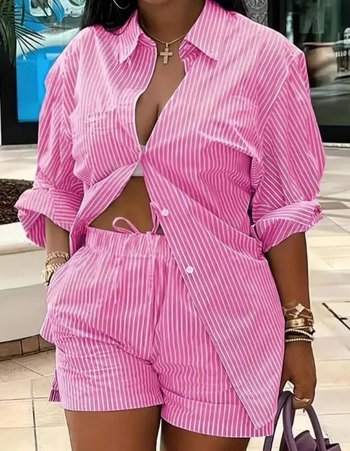 Elegant Commuter Long Sleeve Printed Shorts Two-Piece Set Women's Fashion Casual Set Polyester Fabric Other Features display picture 14