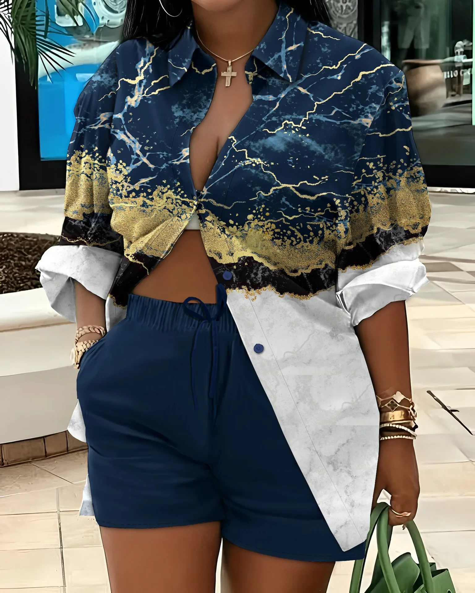 Elegant Commuter Long Sleeve Printed Shorts Two-Piece Set Women's Fashion Casual Set Polyester Fabric Other Features display picture 31