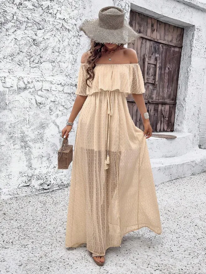 Summer  New Sexy One Shoulder Solid Color Dress, Elegant Ankle Fairy Dress, Elastic Waist Short Sleeve display picture 1