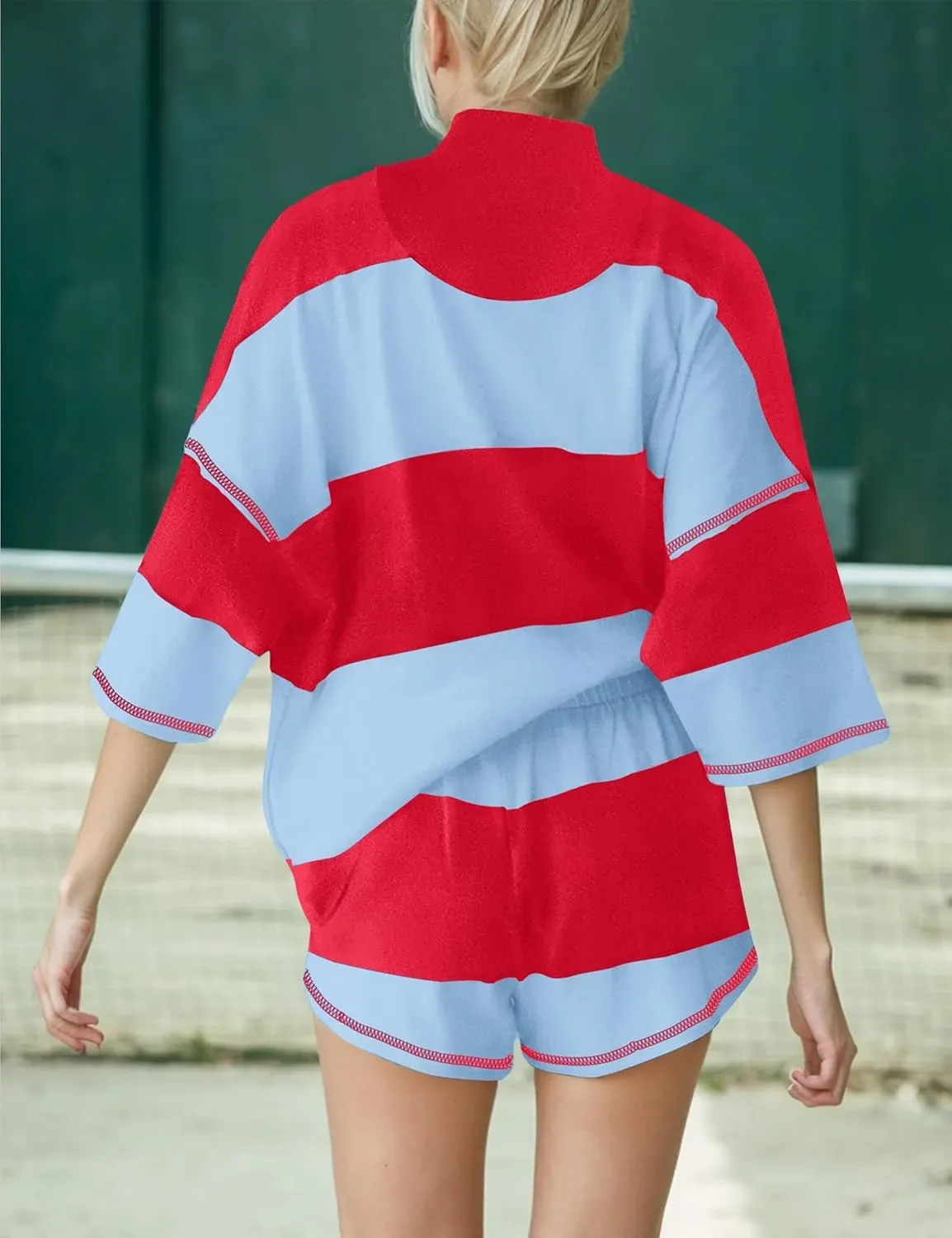 Casual Fashion  Style Style Loose Shorts Suit Cropped Sleeves With Zipper Long Striped Polyester Lycra Fabric display picture 3
