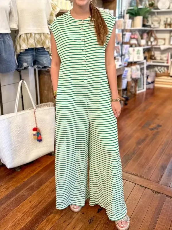 Casual Striped Wide Leg Jumpsuit Women Sleeveless Loose Design Spring And Summer New High Waist Trousers Comfortable Polyester Material display picture 1
