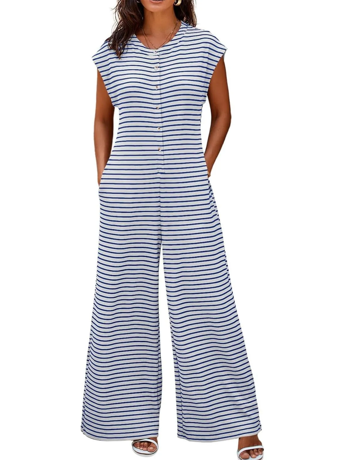 Casual Striped Wide Leg Jumpsuit Women Sleeveless Loose Design Spring And Summer New High Waist Trousers Comfortable Polyester Material display picture 2
