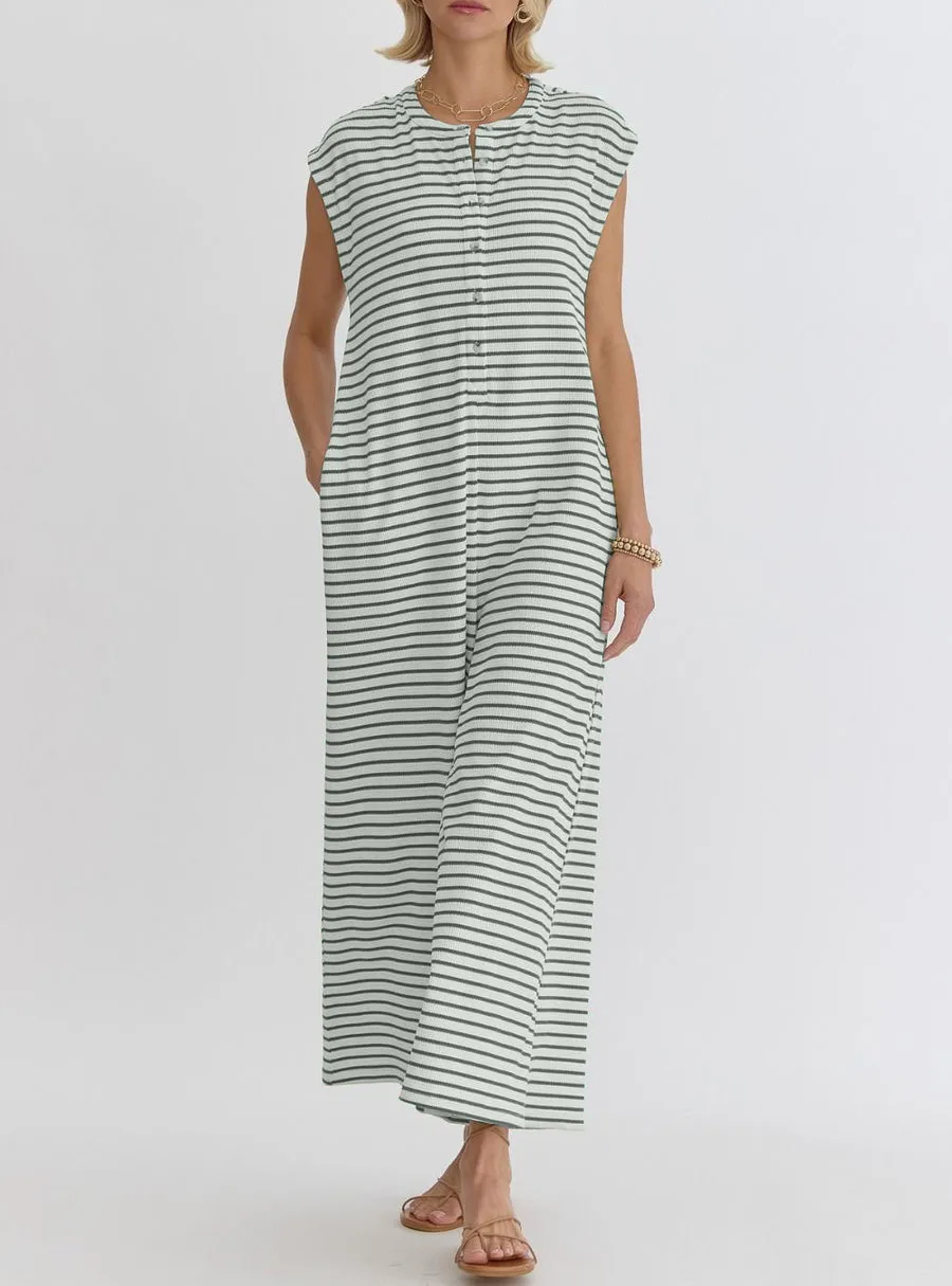 Casual Striped Wide Leg Jumpsuit Women Sleeveless Loose Design Spring And Summer New High Waist Trousers Comfortable Polyester Material display picture 3