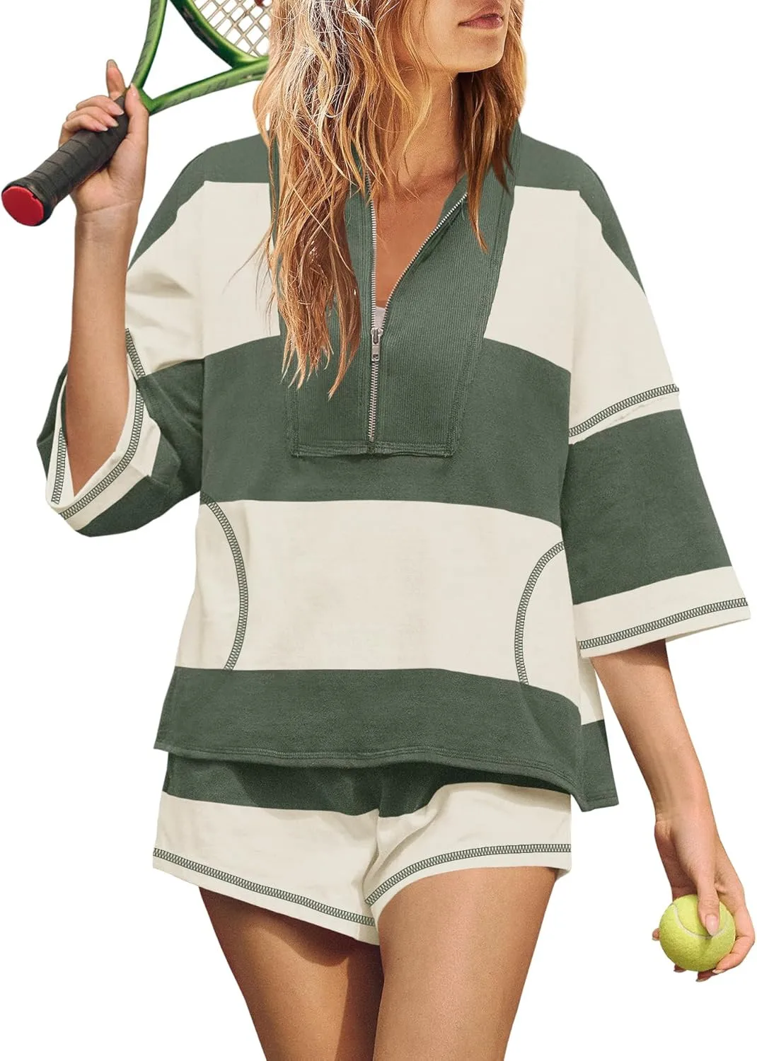 Casual Fashion  Style Style Loose Shorts Suit Cropped Sleeves With Zipper Long Striped Polyester Lycra Fabric display picture 6