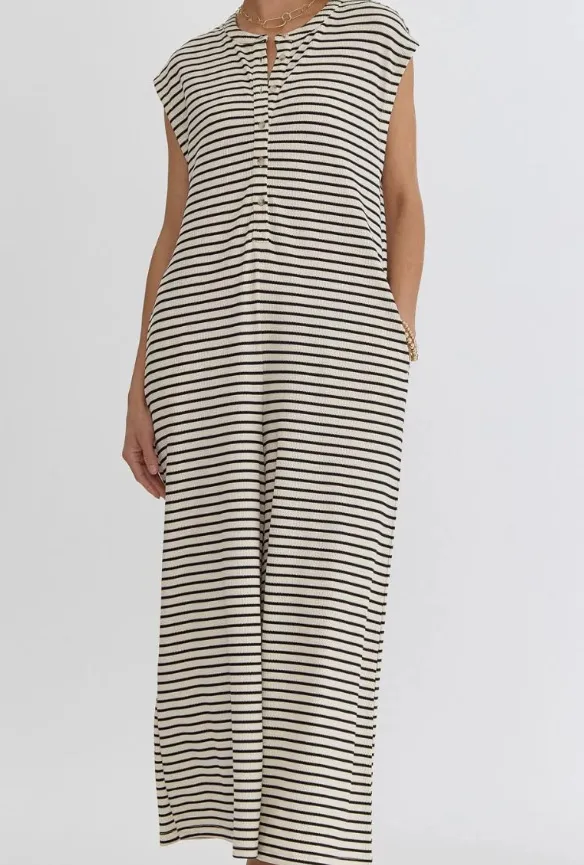Casual Striped Wide Leg Jumpsuit Women Sleeveless Loose Design Spring And Summer New High Waist Trousers Comfortable Polyester Material display picture 5