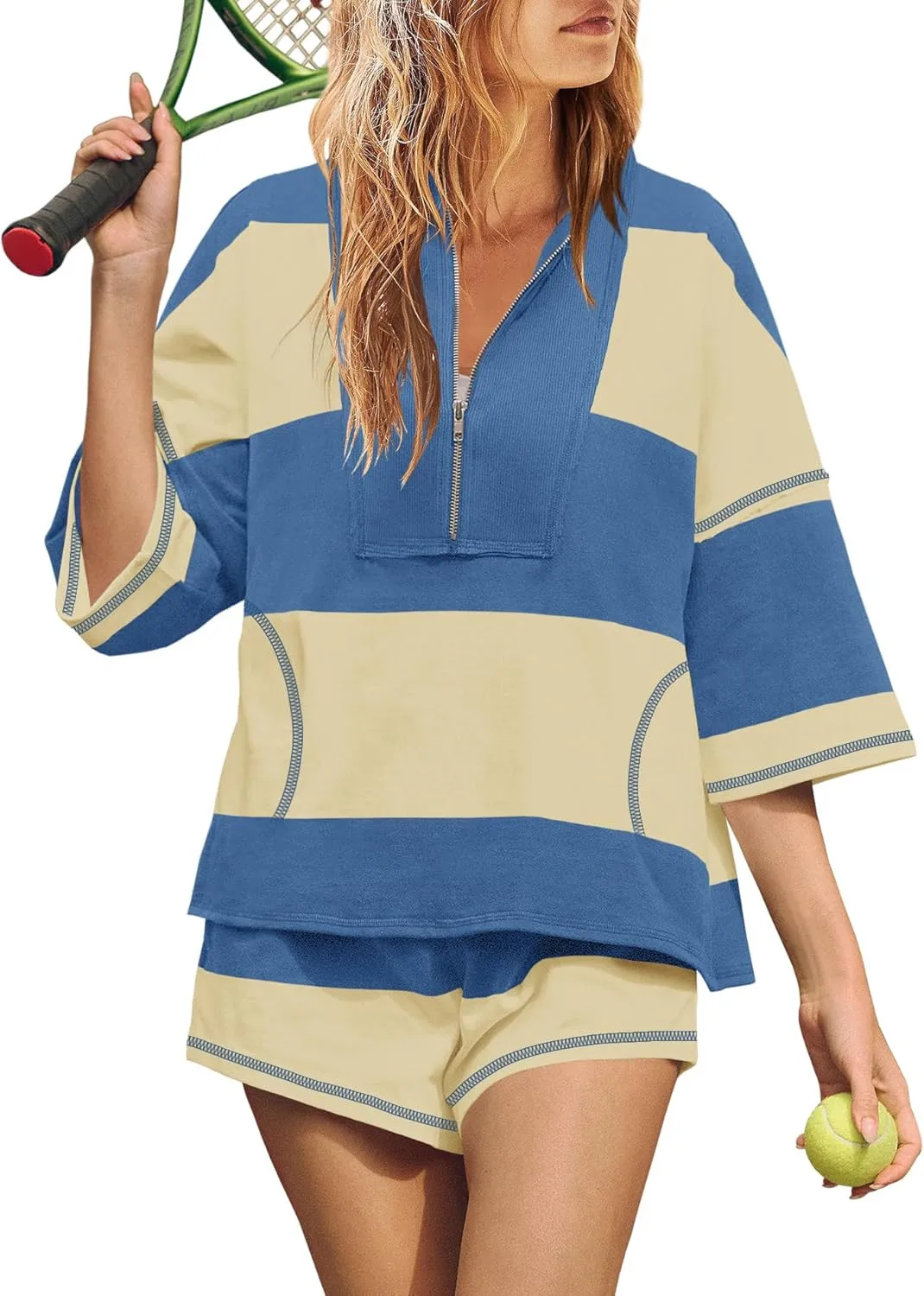 Casual Fashion  Style Style Loose Shorts Suit Cropped Sleeves With Zipper Long Striped Polyester Lycra Fabric display picture 9
