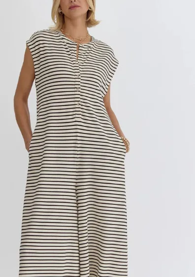 Casual Striped Wide Leg Jumpsuit Women Sleeveless Loose Design Spring And Summer New High Waist Trousers Comfortable Polyester Material display picture 7