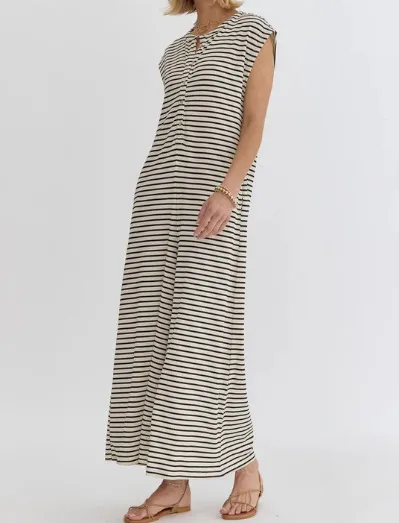 Casual Striped Wide Leg Jumpsuit Women Sleeveless Loose Design Spring And Summer New High Waist Trousers Comfortable Polyester Material display picture 8