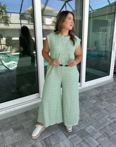 Casual Striped Wide Leg Jumpsuit Women Sleeveless Loose Design Spring And Summer New High Waist Trousers Comfortable Polyester Material display picture 9