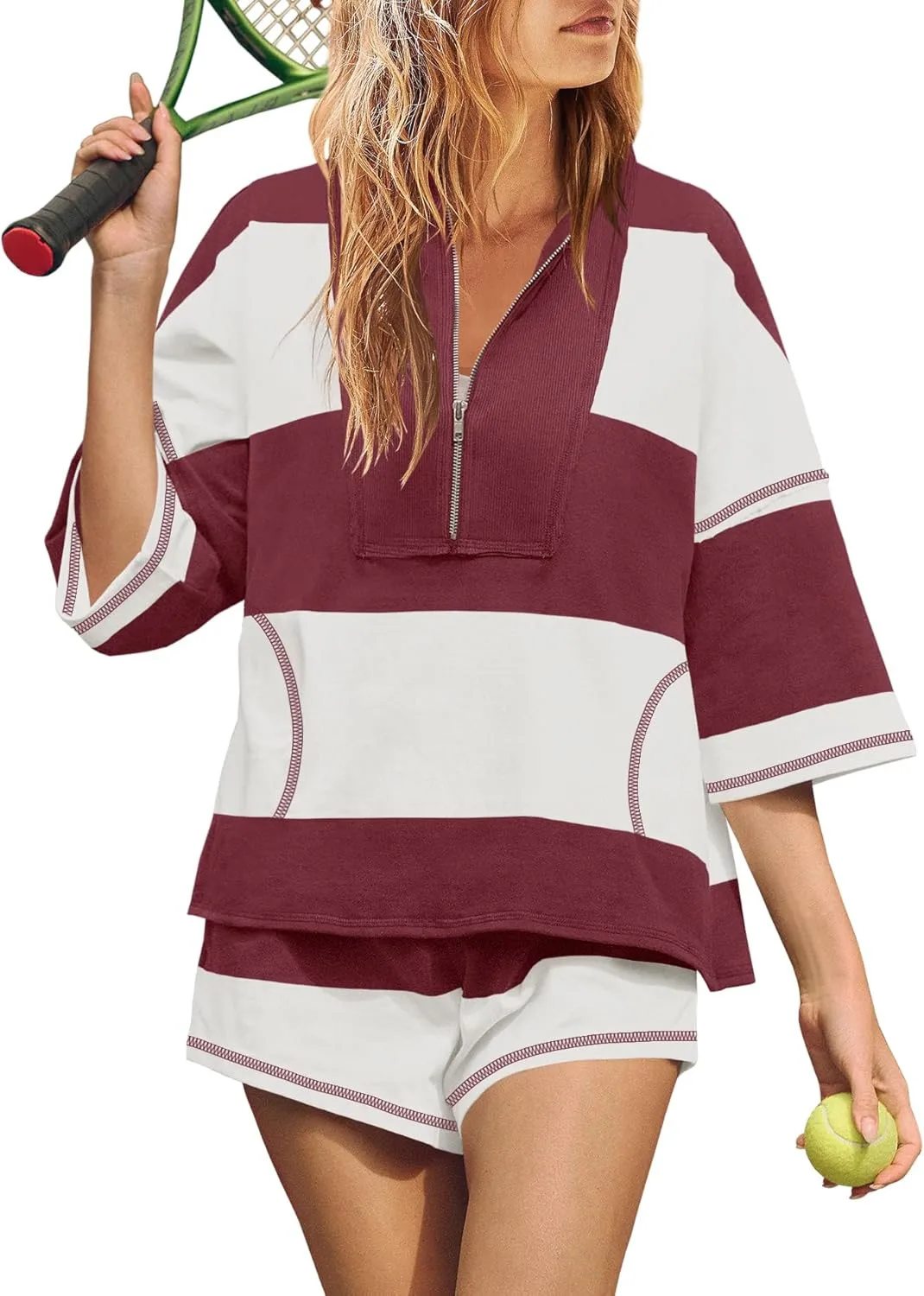 Casual Fashion  Style Style Loose Shorts Suit Cropped Sleeves With Zipper Long Striped Polyester Lycra Fabric display picture 10