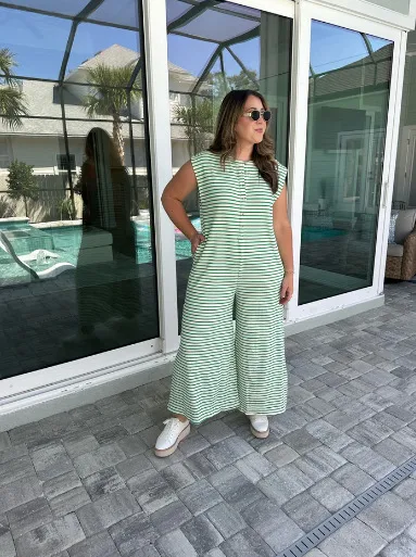 Casual Striped Wide Leg Jumpsuit Women Sleeveless Loose Design Spring And Summer New High Waist Trousers Comfortable Polyester Material display picture 10