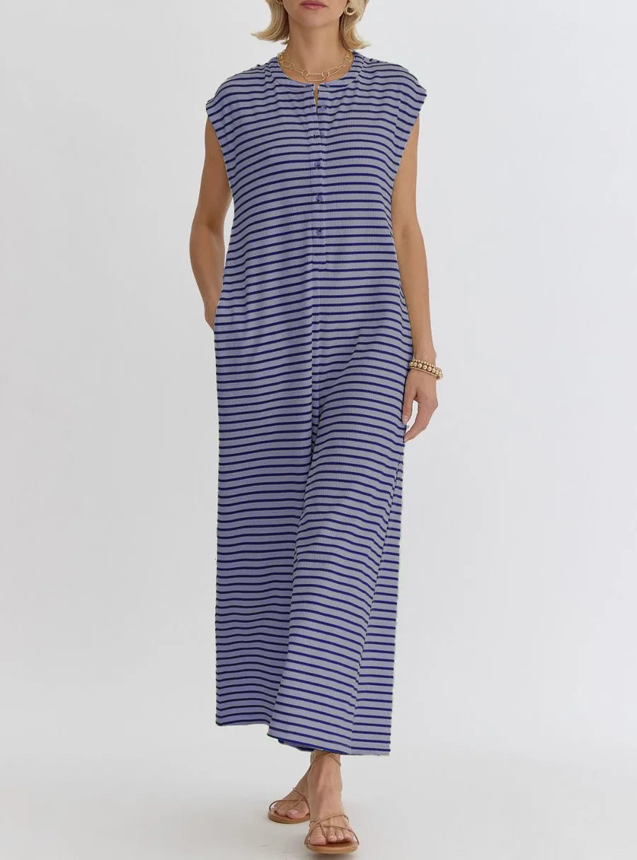Casual Striped Wide Leg Jumpsuit Women Sleeveless Loose Design Spring And Summer New High Waist Trousers Comfortable Polyester Material display picture 14