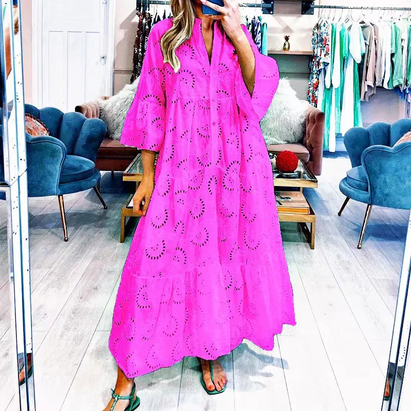 Elegant Long Lace Hollow Out Flare Sleeve V-neck Dress Women Summer Autumn French Style Sexy Solid Color Mid-Length Dress Dress display picture 8