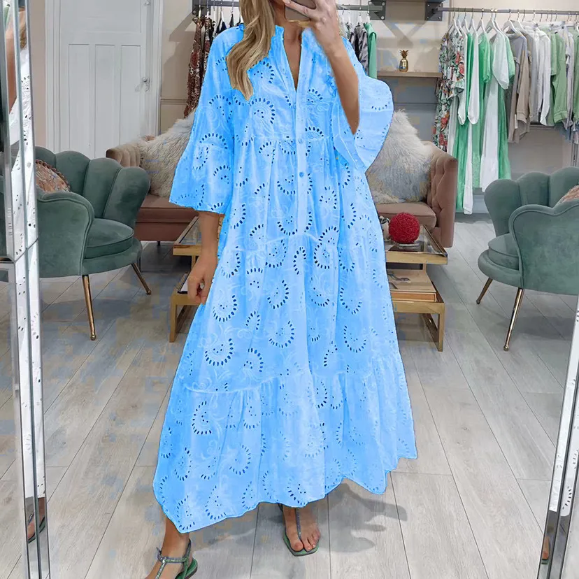 Elegant Long Lace Hollow Out Flare Sleeve V-neck Dress Women Summer Autumn French Style Sexy Solid Color Mid-Length Dress Dress display picture 9