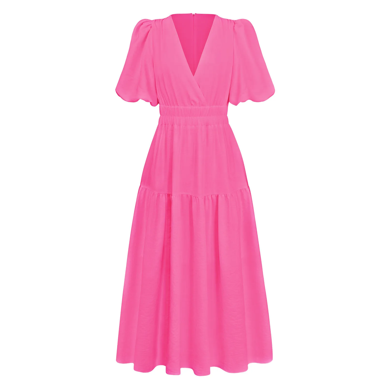 Summer New Deep V-neck Puff Sleeve Holiday Dress Elegant A- Line Midi Dress Polyester Fabric Short Sleeve Women's Fashion display picture 3