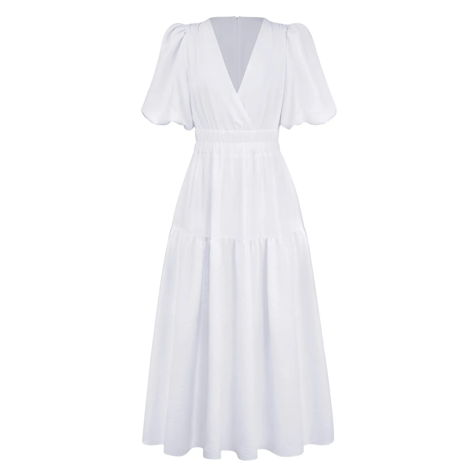 Summer New Deep V-neck Puff Sleeve Holiday Dress Elegant A- Line Midi Dress Polyester Fabric Short Sleeve Women's Fashion display picture 2