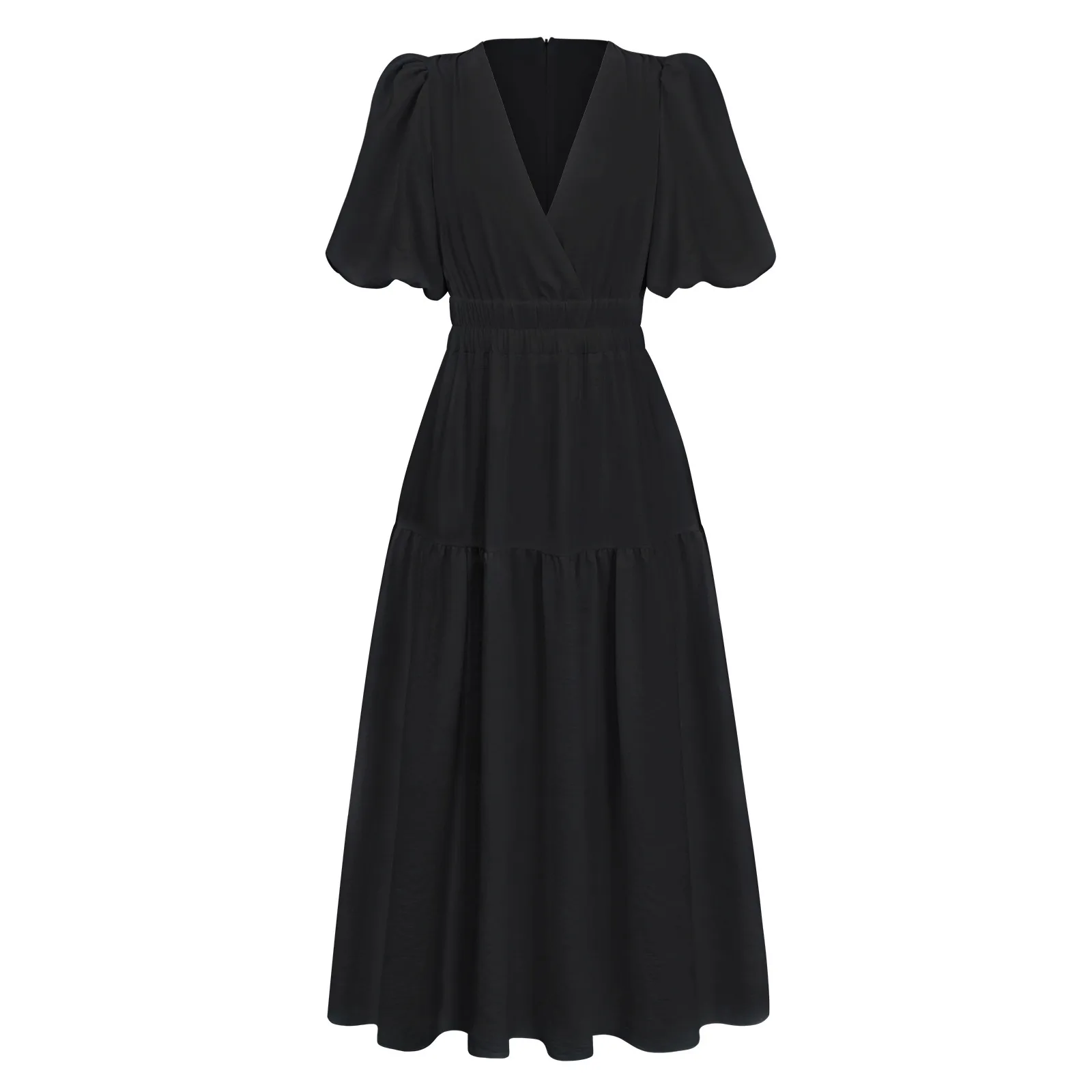Summer New Deep V-neck Puff Sleeve Holiday Dress Elegant A- Line Midi Dress Polyester Fabric Short Sleeve Women's Fashion display picture 1